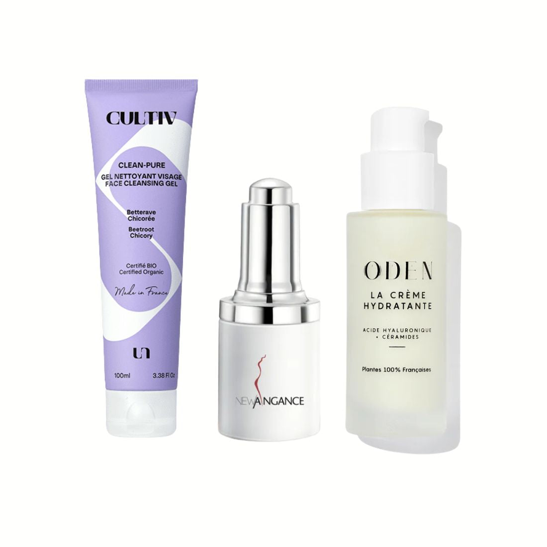 Three skincare products from Cultiv, New Angance, and Oden on a white background