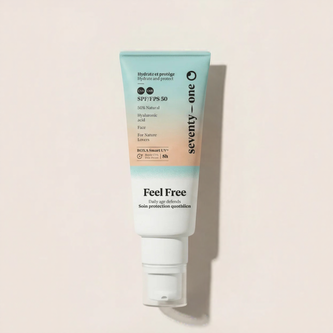 Tube of seventy-one sunscreen with gradient design on a light beige background