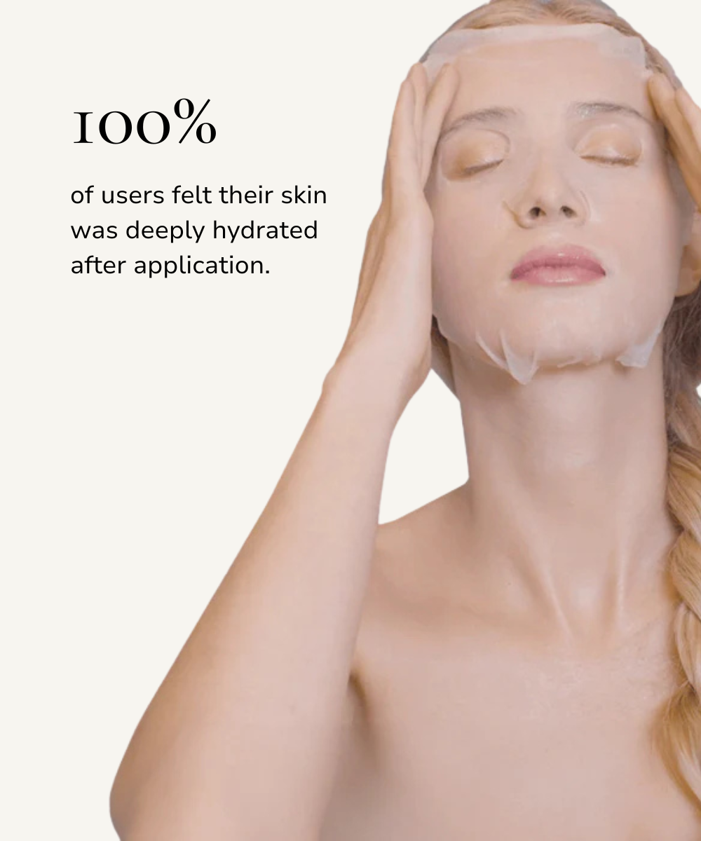 Woman applying a skincare product with text about hydration on a light background
