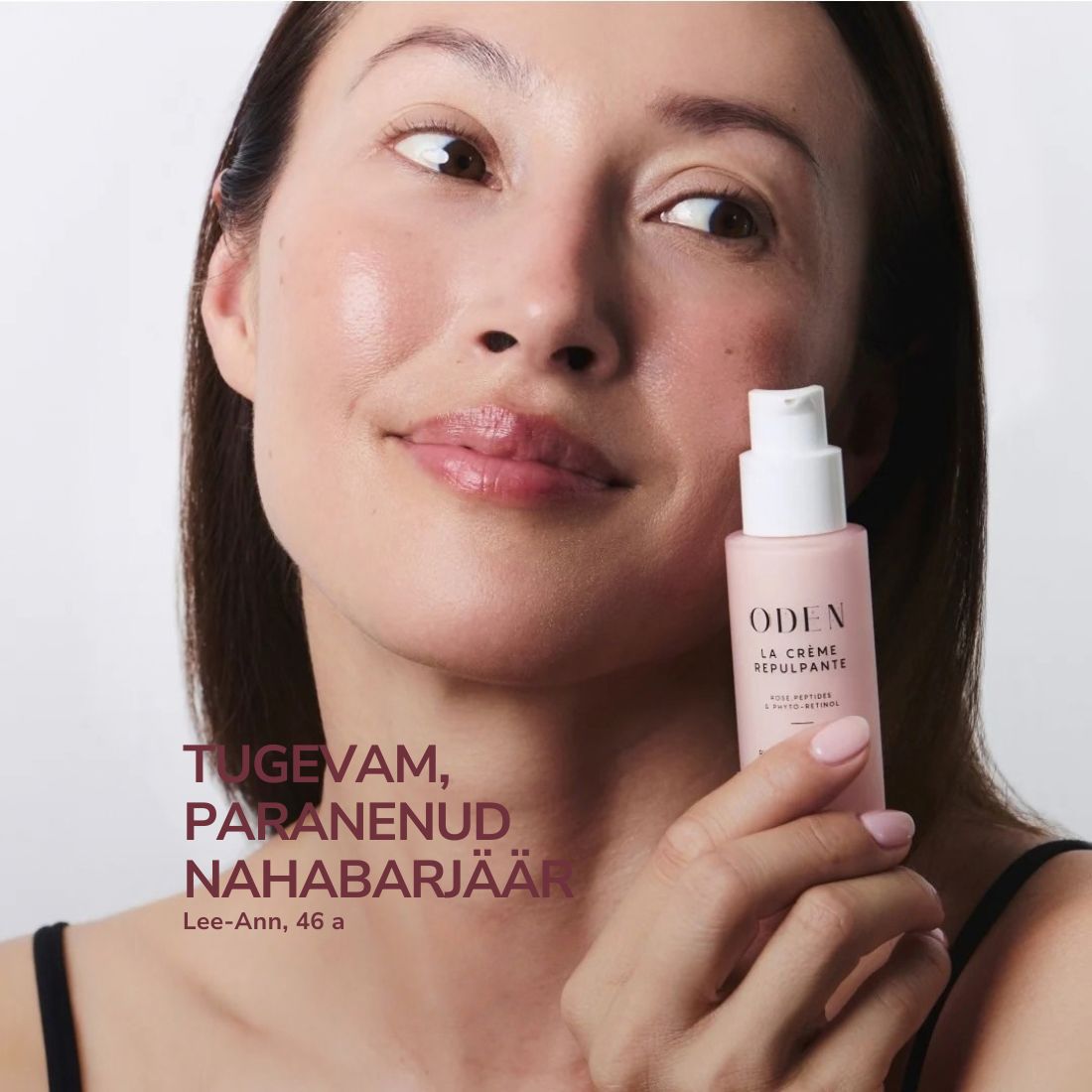 A woman holds a pink ODEN La Crème Repulpante product against a light gray background, with estonian promotional text overlaid on the left side.