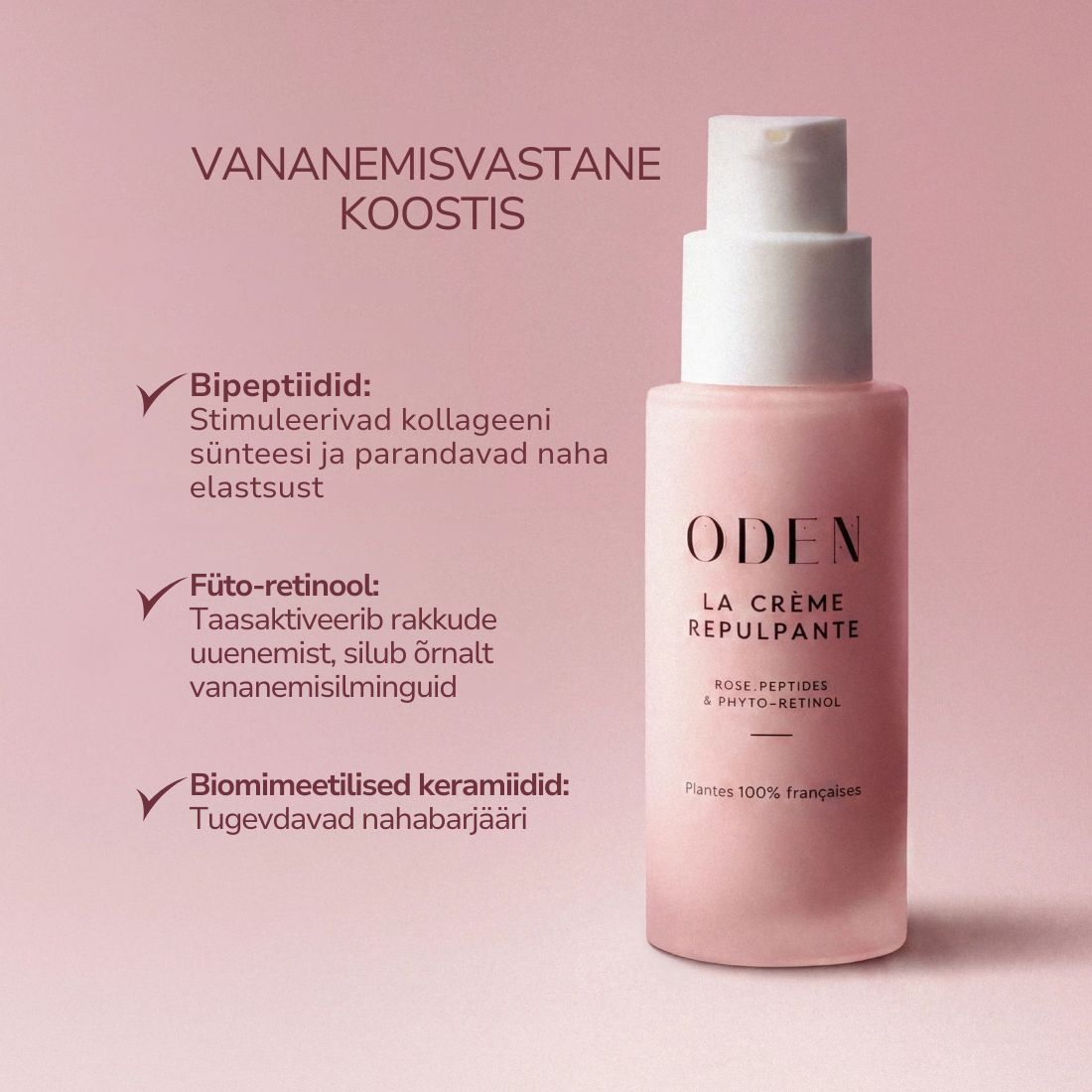 A pink pump bottle of Oden La Crème Répulpante with white text on a matching pink background, alongside Finnish product benefits and bullet points.